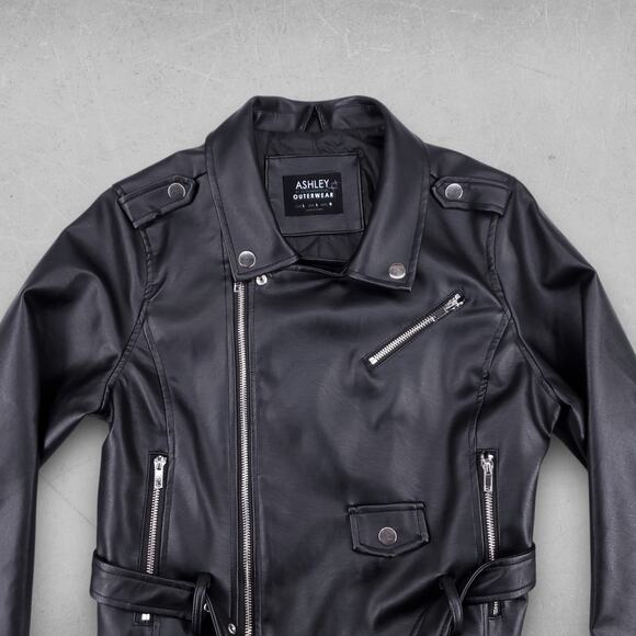 Ashley Biker Jacket Women L Black Faux Leather Belted Offset Zipper Cropped Edgy - Picture 3 of 11